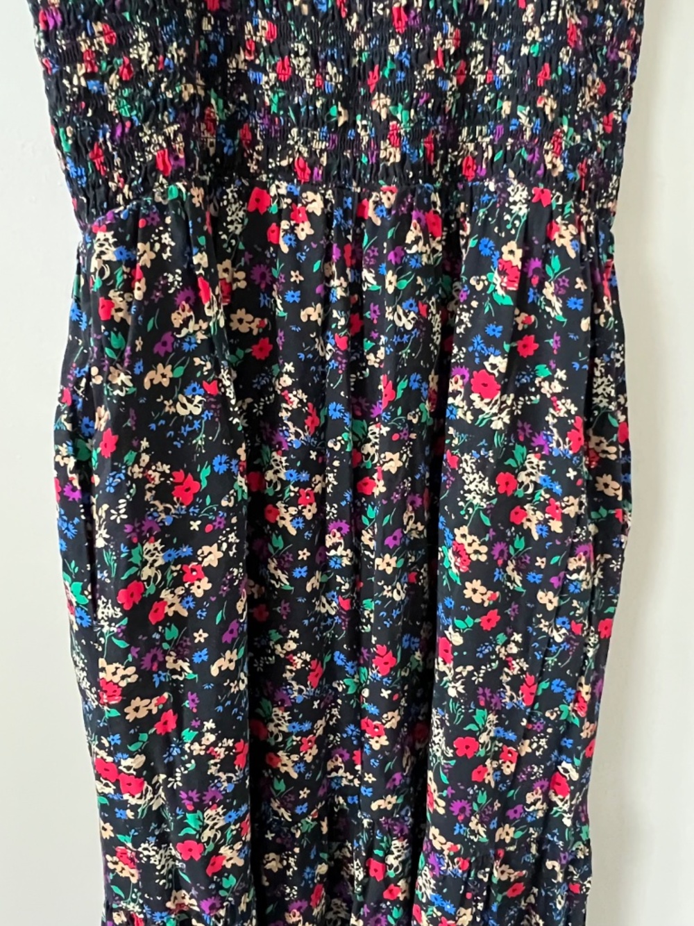 GAP Floral Smocked Midi Dress Women's L Black Sleeveless Cottagecore Boho Rayon - Picture 6 of 12